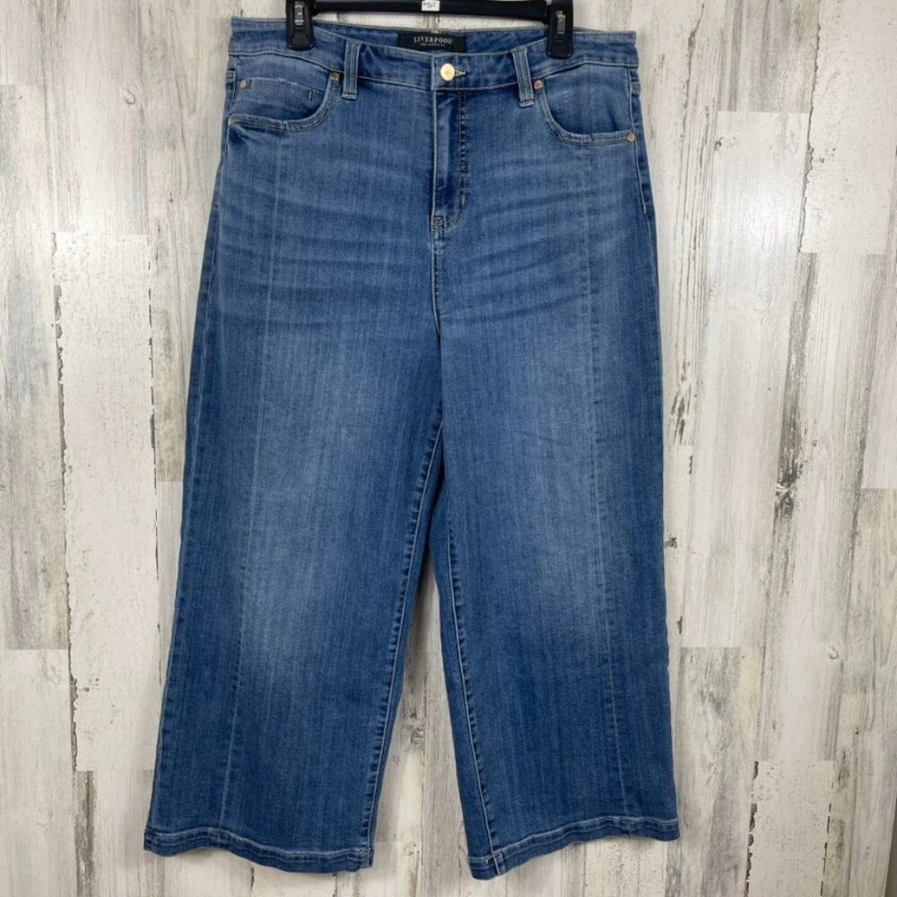 Liverpool denim jeans baggy wide leg size 14 blue high rise crop brunch picnic